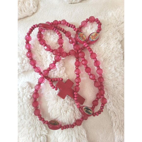 Pink Fuchsia Cross Necklace – Etched Wooden Crucifix with Plastic & Wood Beads - Picture 7 of 10